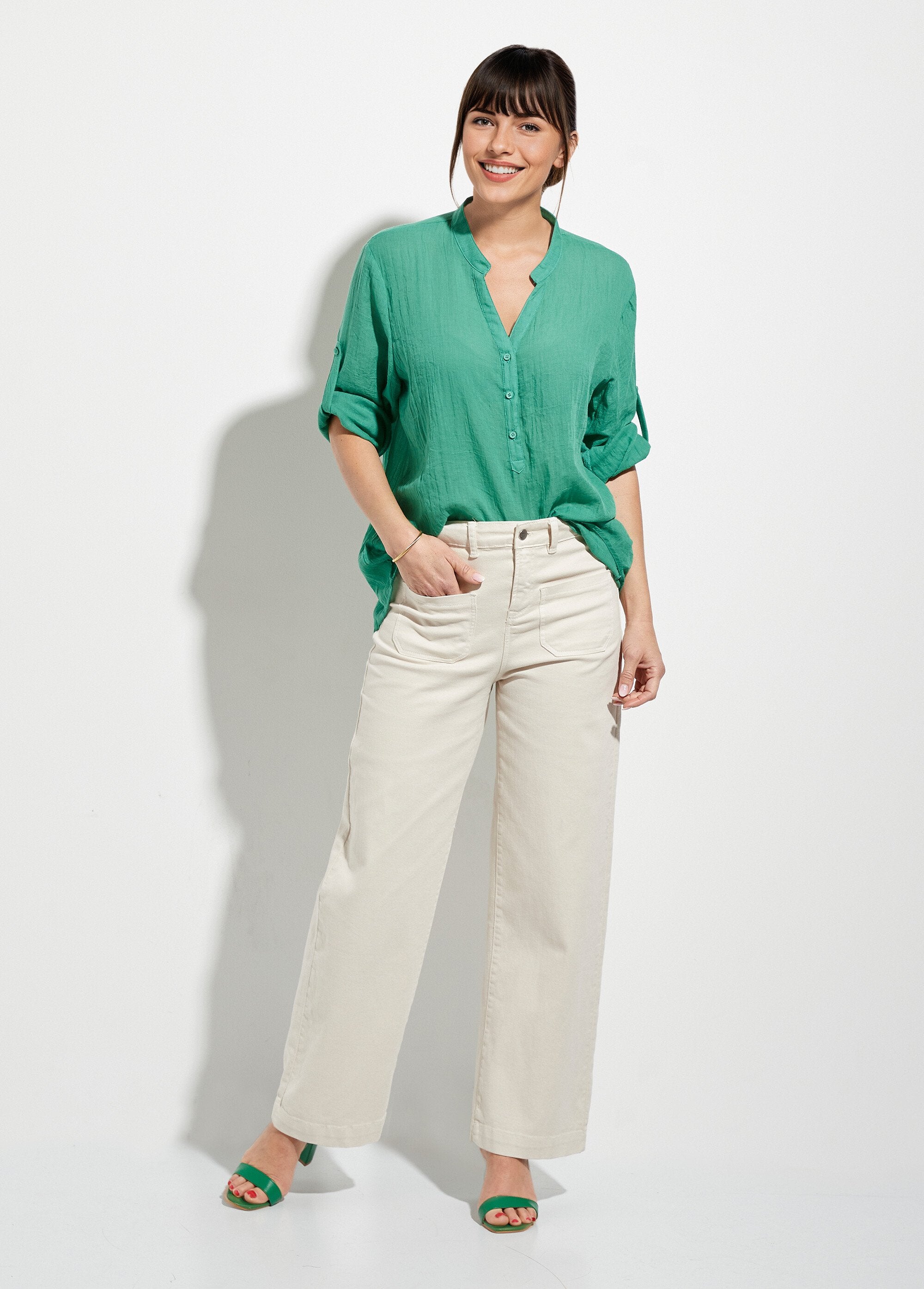 Loose-fitting_cotton_voile_Tunisian_collar_blouse_Green_SF1_slim