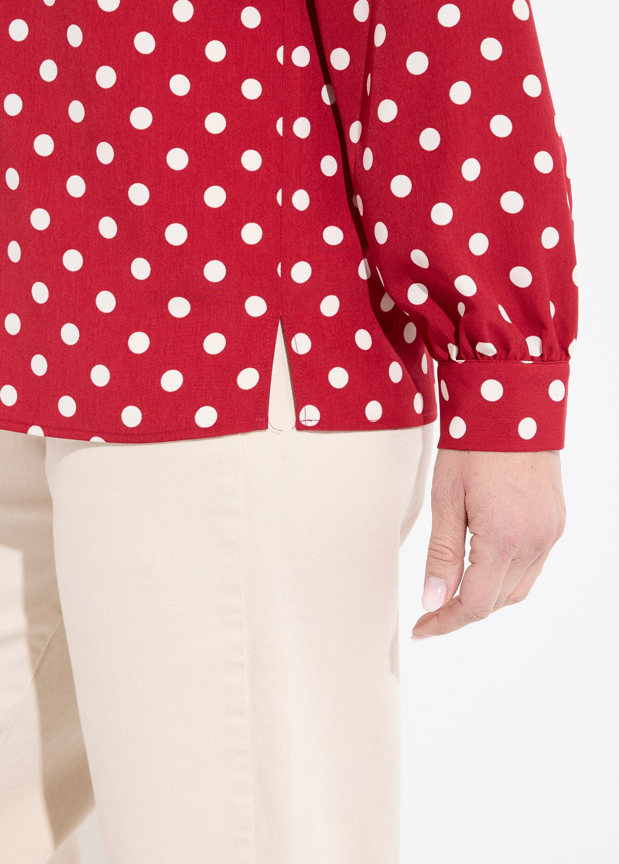 Long_sleeve_polka_dot_print_V-neck_blouse_Bordeaux_and_ecru_DE2_slim