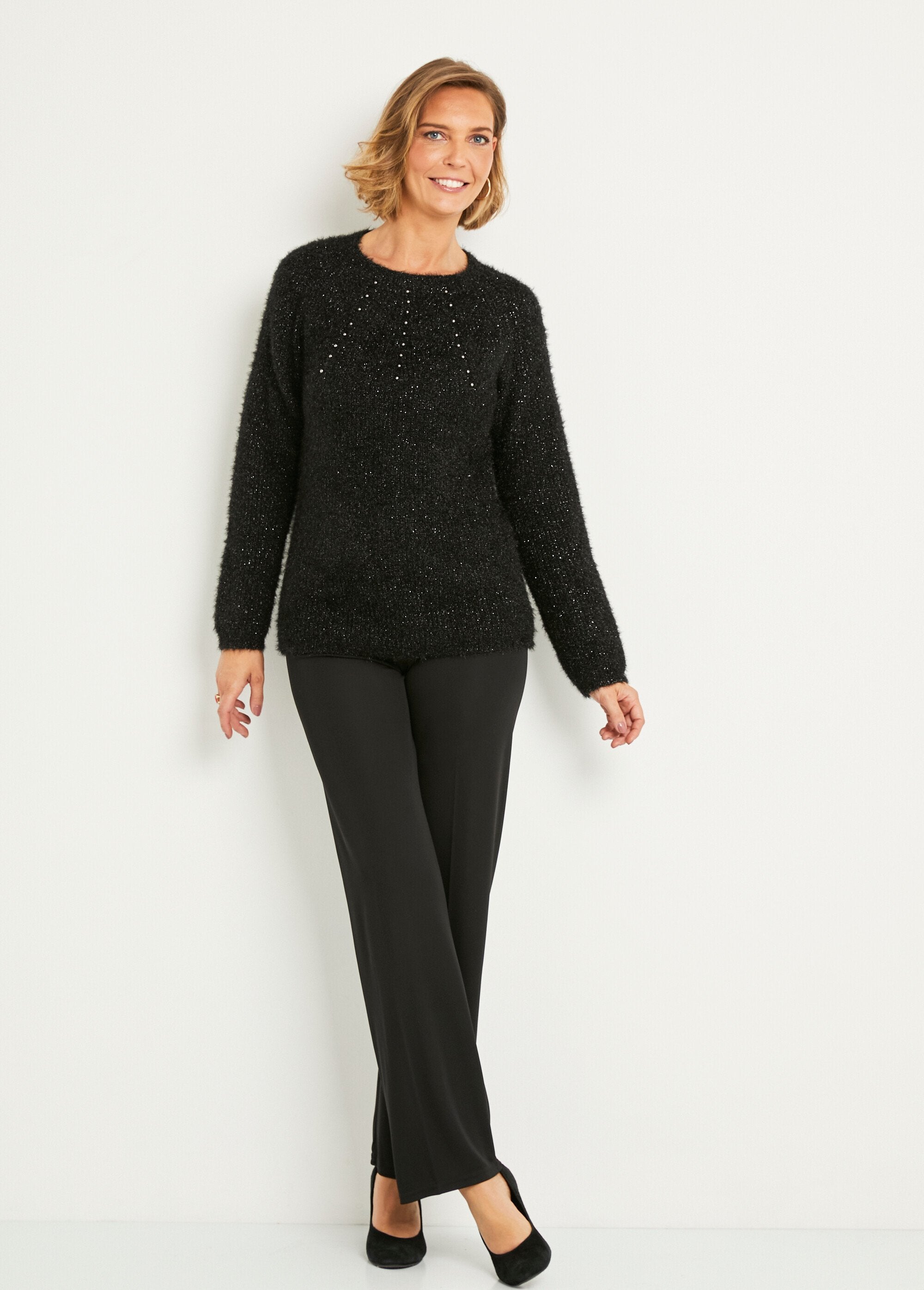 Soft_hairy_knit_sweater_with_openwork_pearl_round_neck_Black_SF1_slim