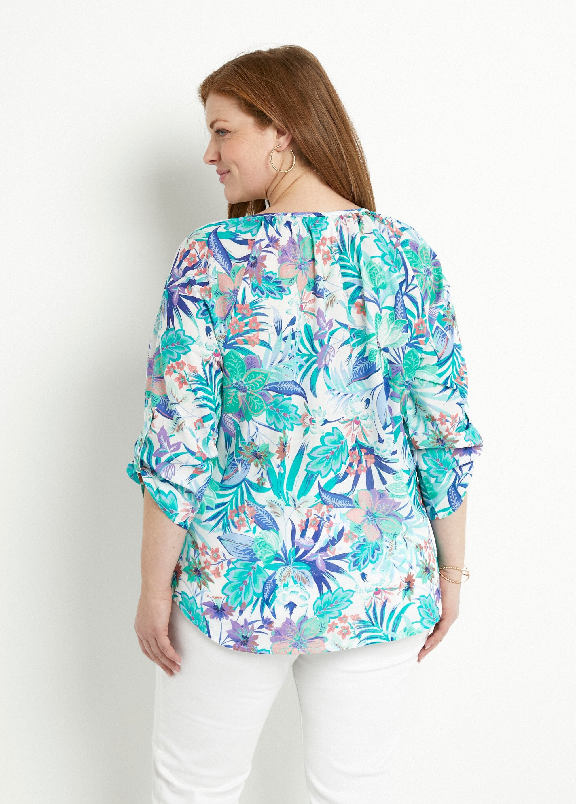 Loose_tunic_in_printed_cotton_voile_with_3/4_sleeves_Multicolor_DO1_curvy