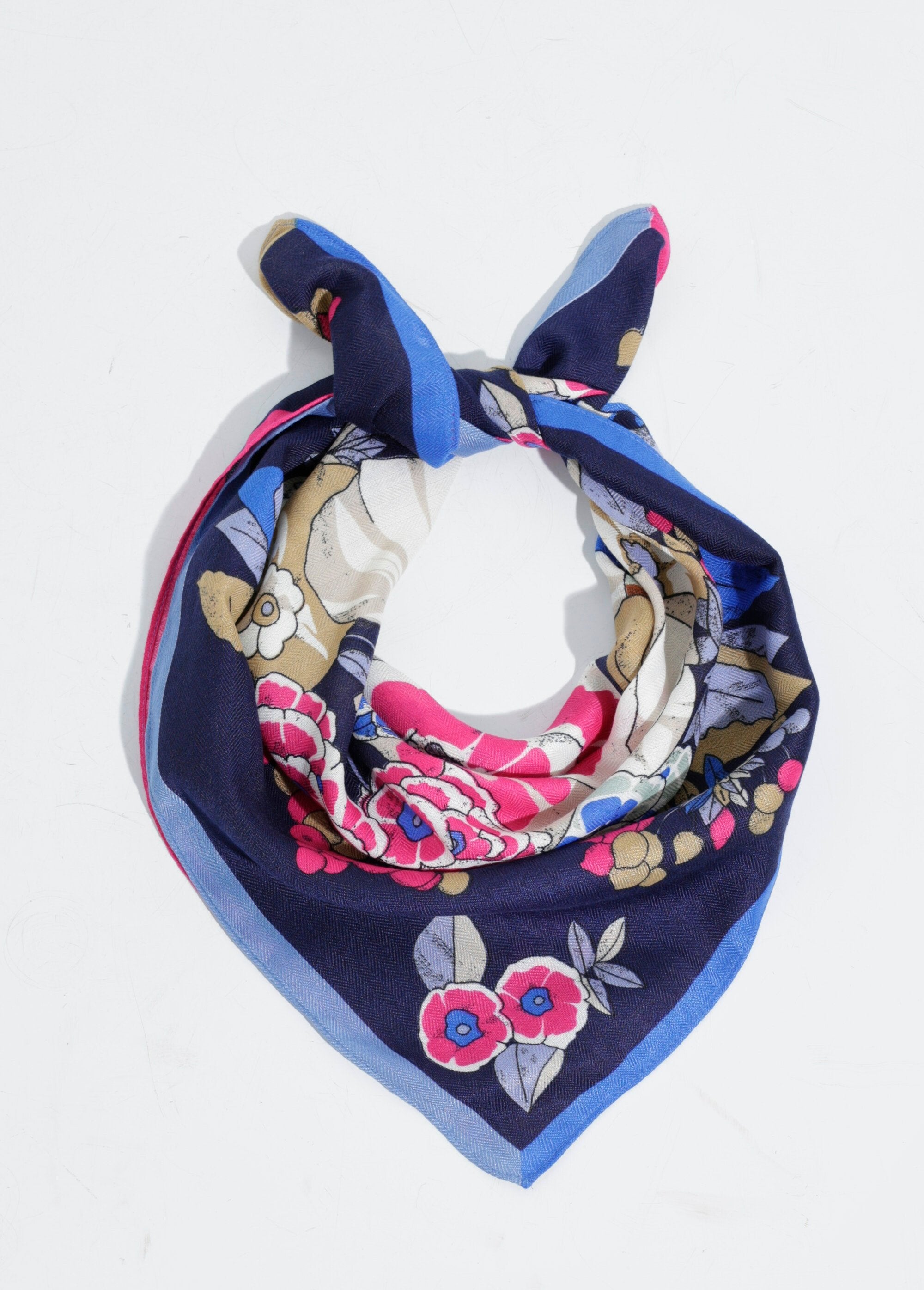 Camellia_floral_theme_square_scarf_Navy_and_pink_FA1_slim