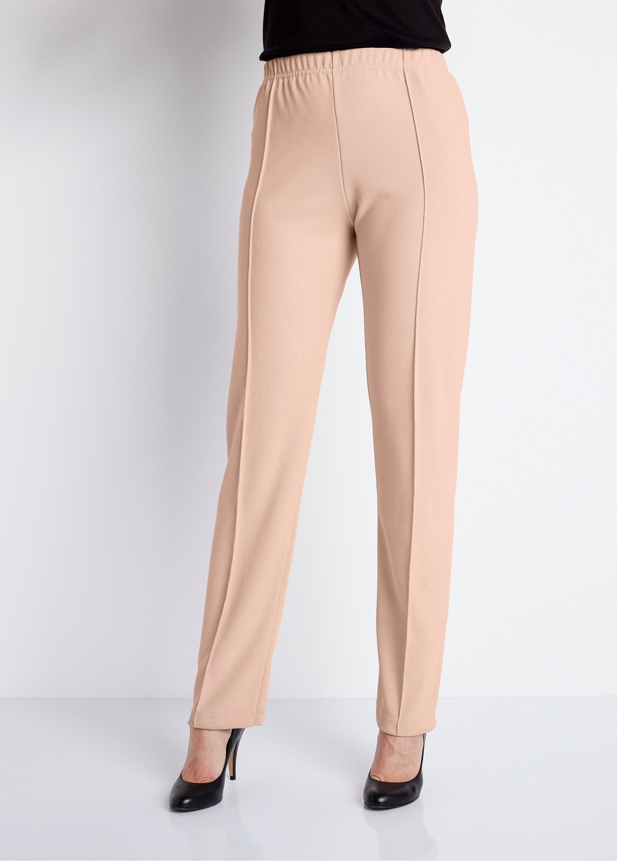 Straight_pants_with_elasticated_waist_and_ribbed_knit_Beige_FA1_slim