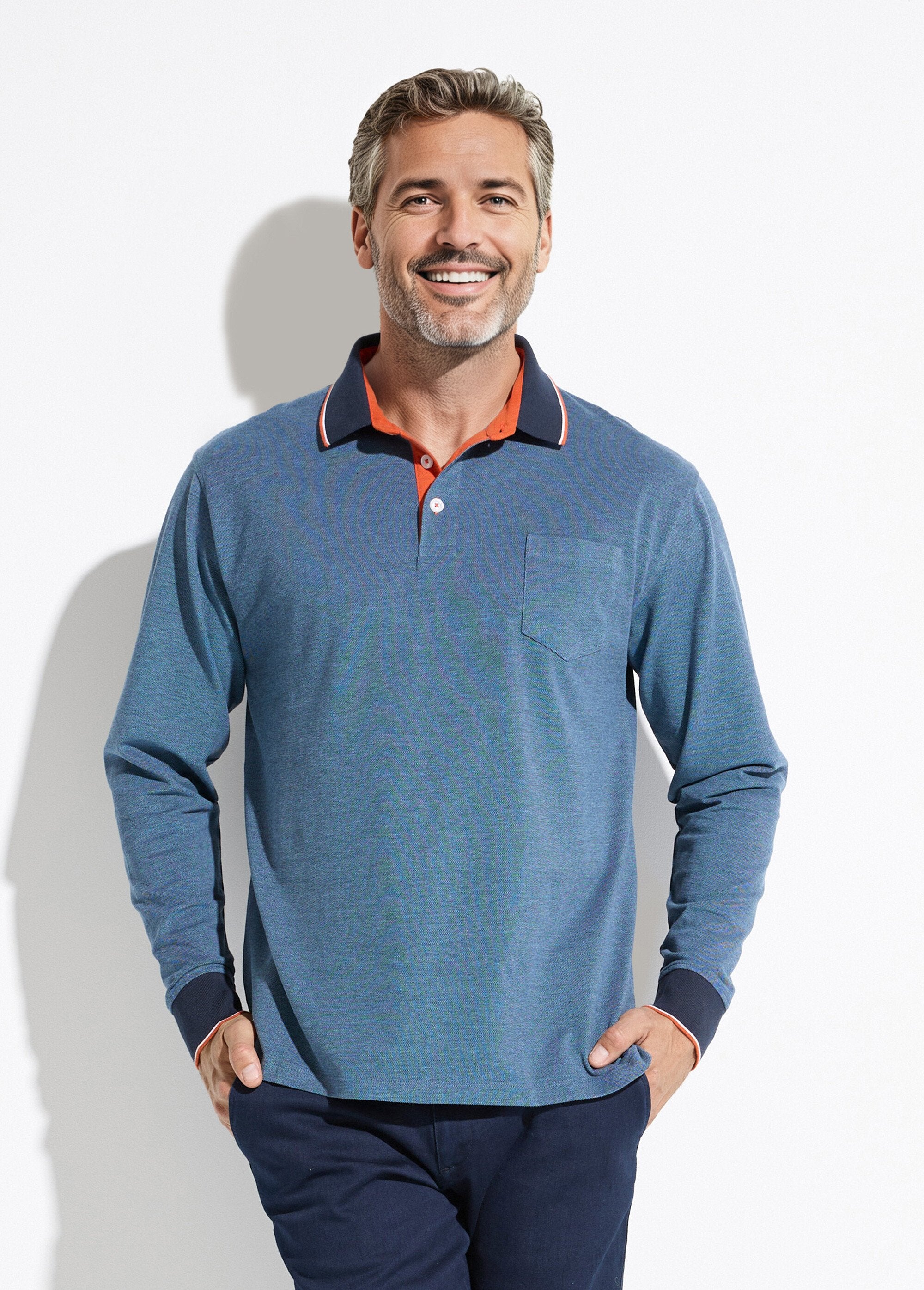 Polo_maille_piquée_manches_longues_coton_Bleu_FA1_slim