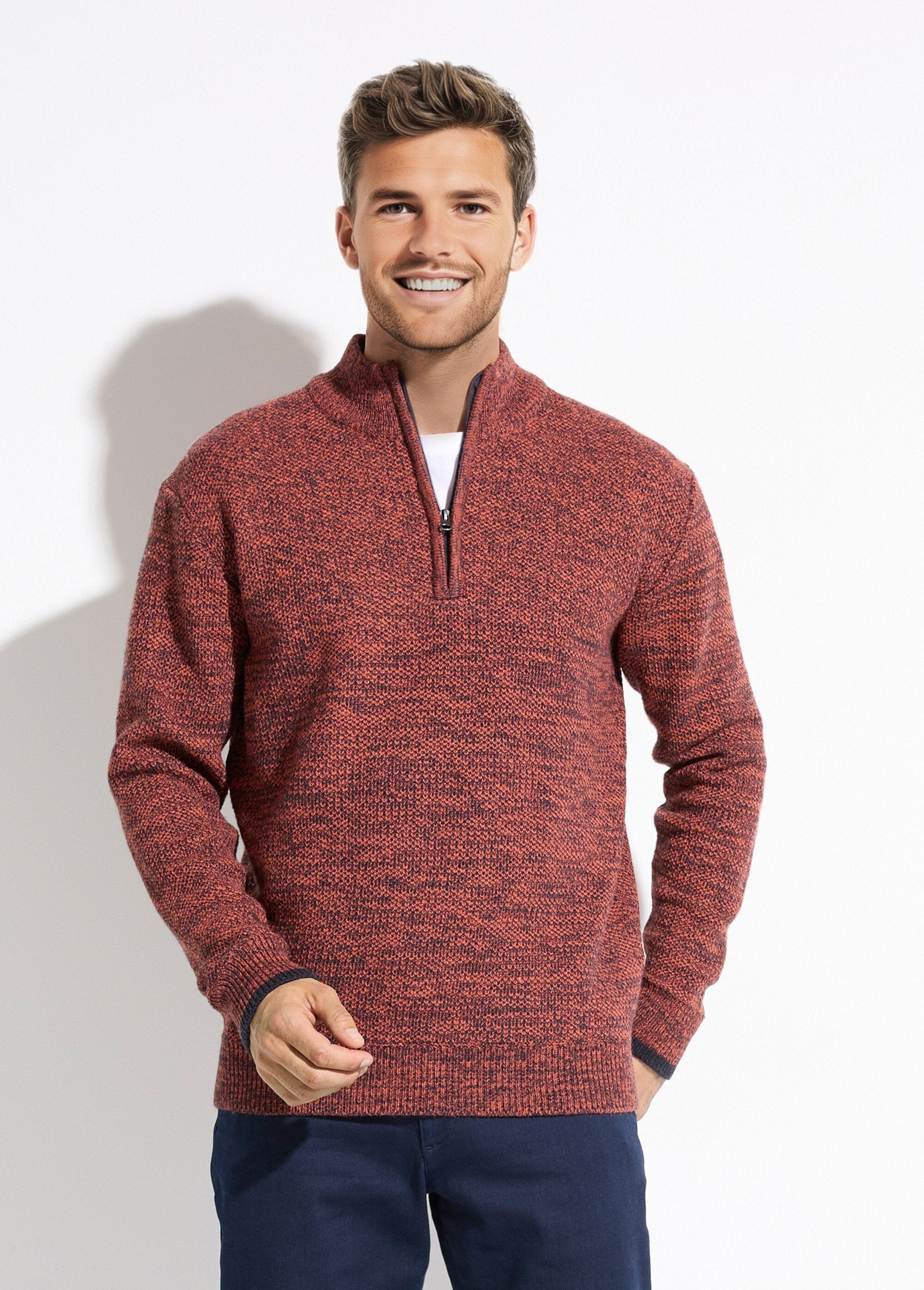 Pull_col_montant_zippé_maille_chinée_laine_Brique_FA1_slim