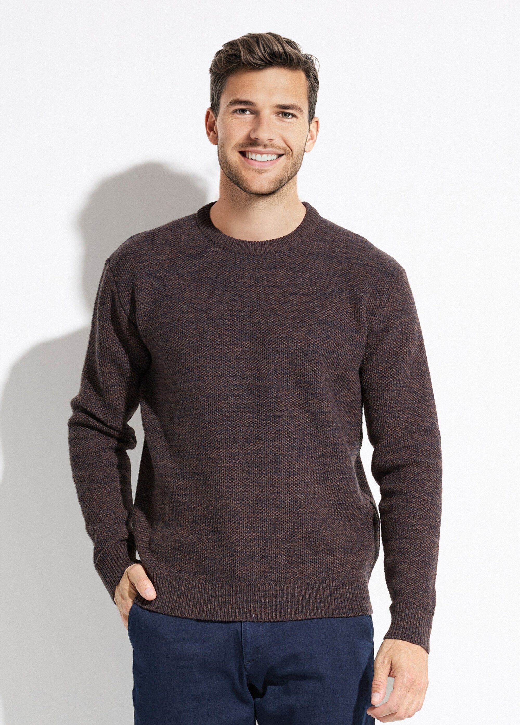 Pull_col_rond_maille_chinée_laine_manches_longues_Marron_FA1_slim