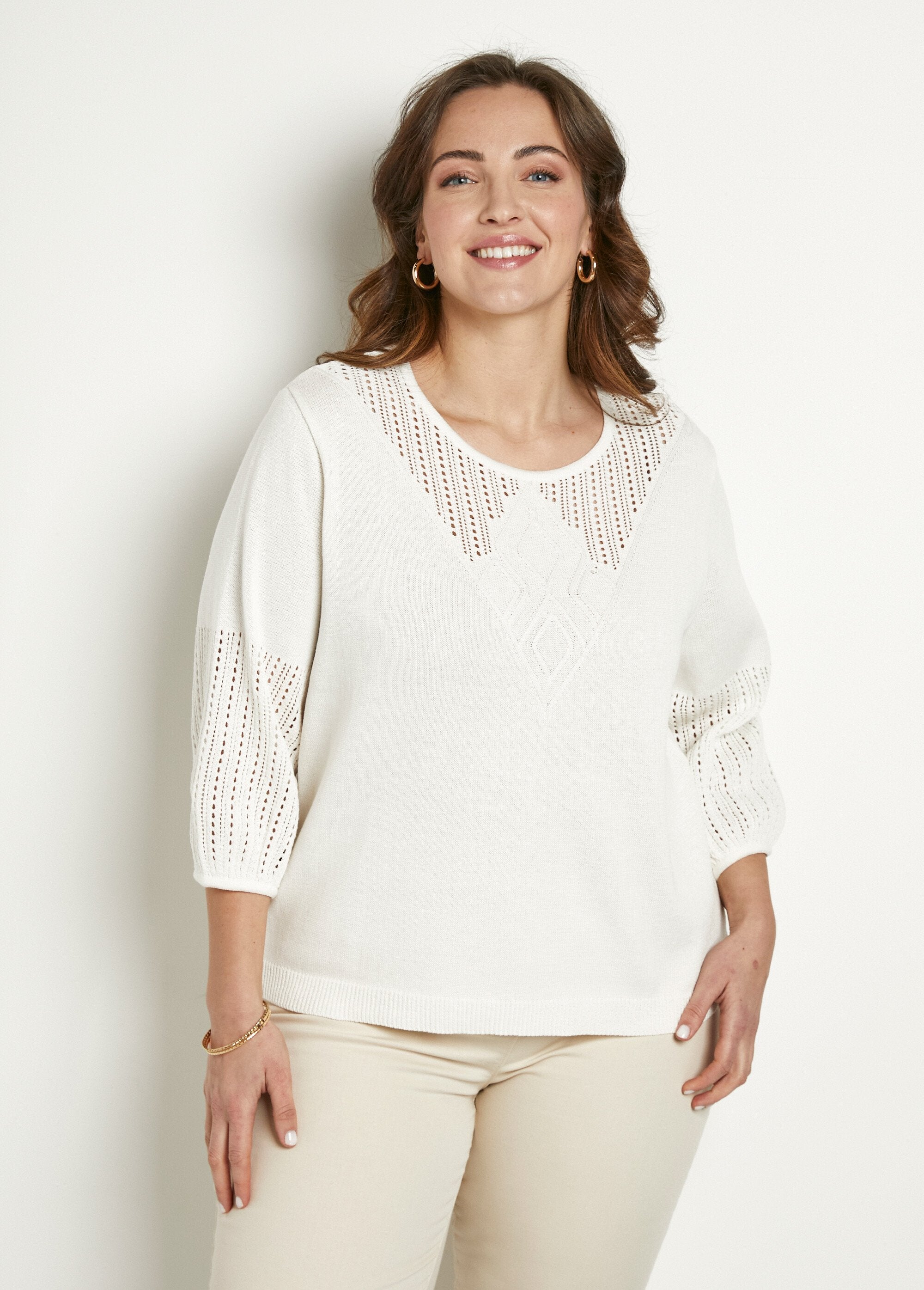 Soft_openwork_cotton_sweater_with_3/4_sleeves_and_round_neck_Ecru_FA1_curvy