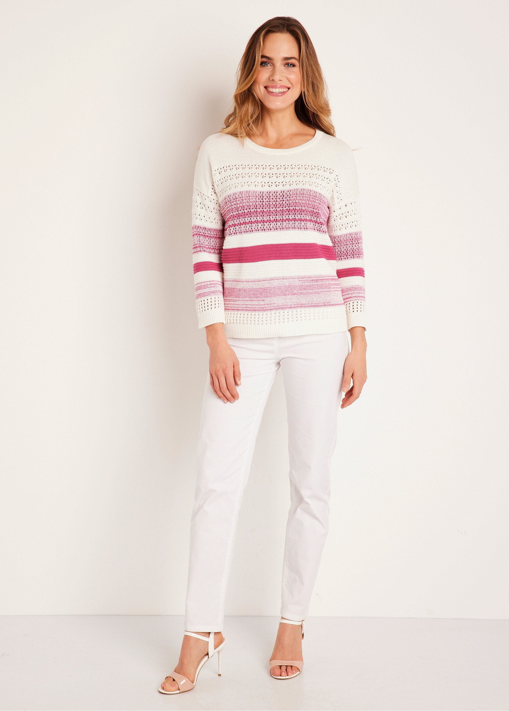 3/4_sleeve_openwork_cotton_blend_sweater_Fuchsia_SF1_slim