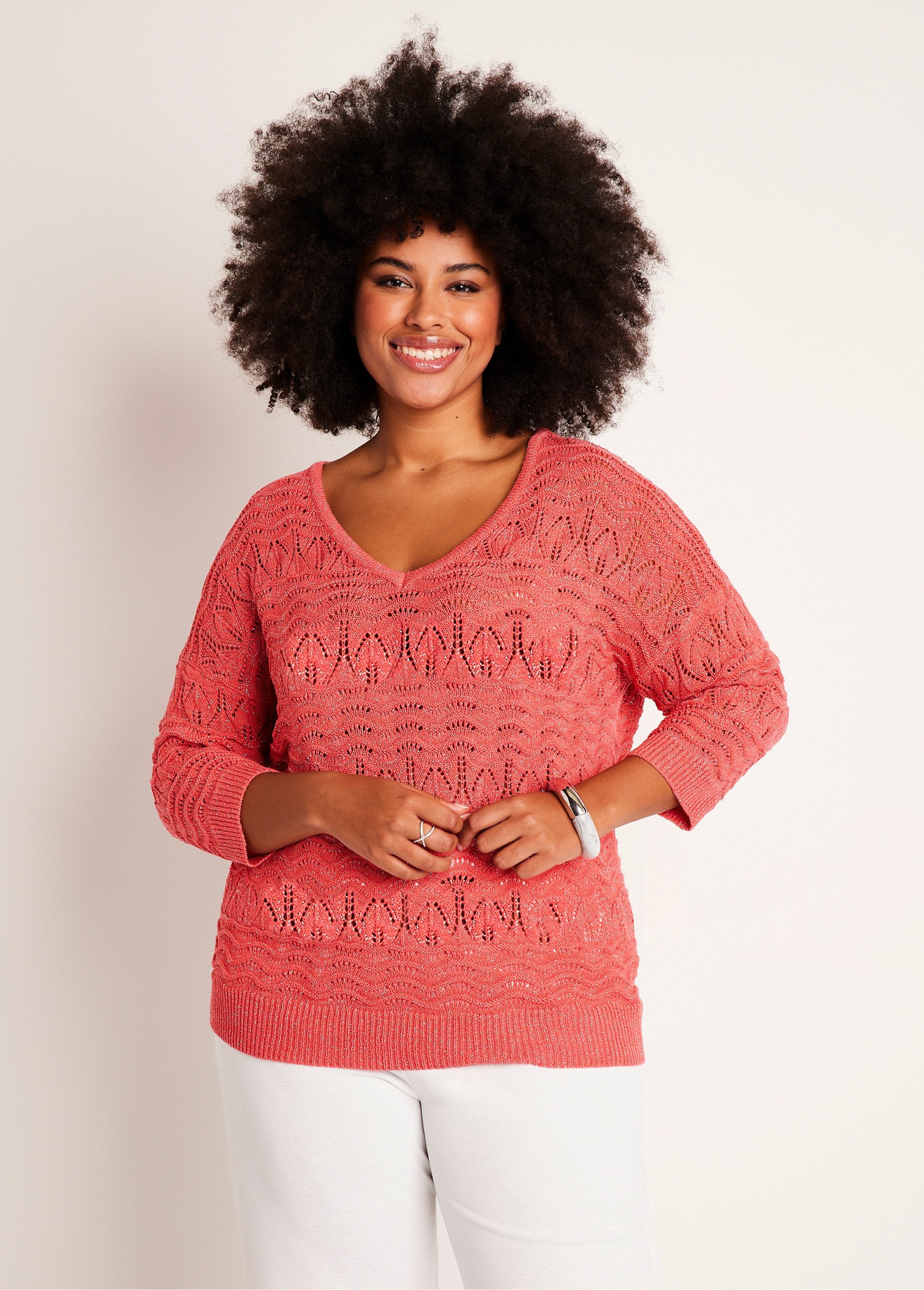 3/4_sleeve_openwork_pattern_V-neck_sweater_Coral_FA1_curvy