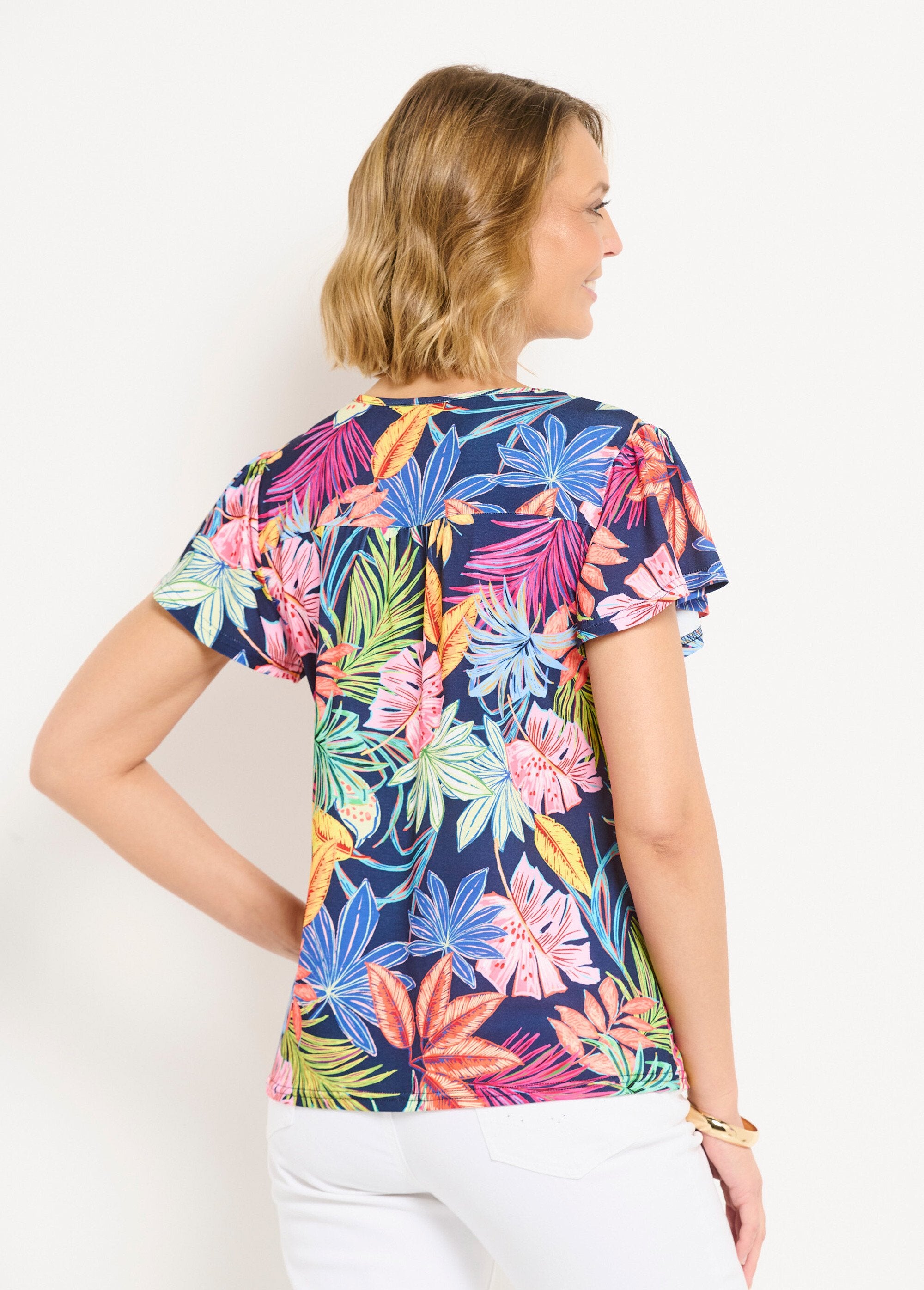 T-shirt_ample_col_V_imprimé_feuilles_manches_courtes_Marine_et_rose_DO1_slim