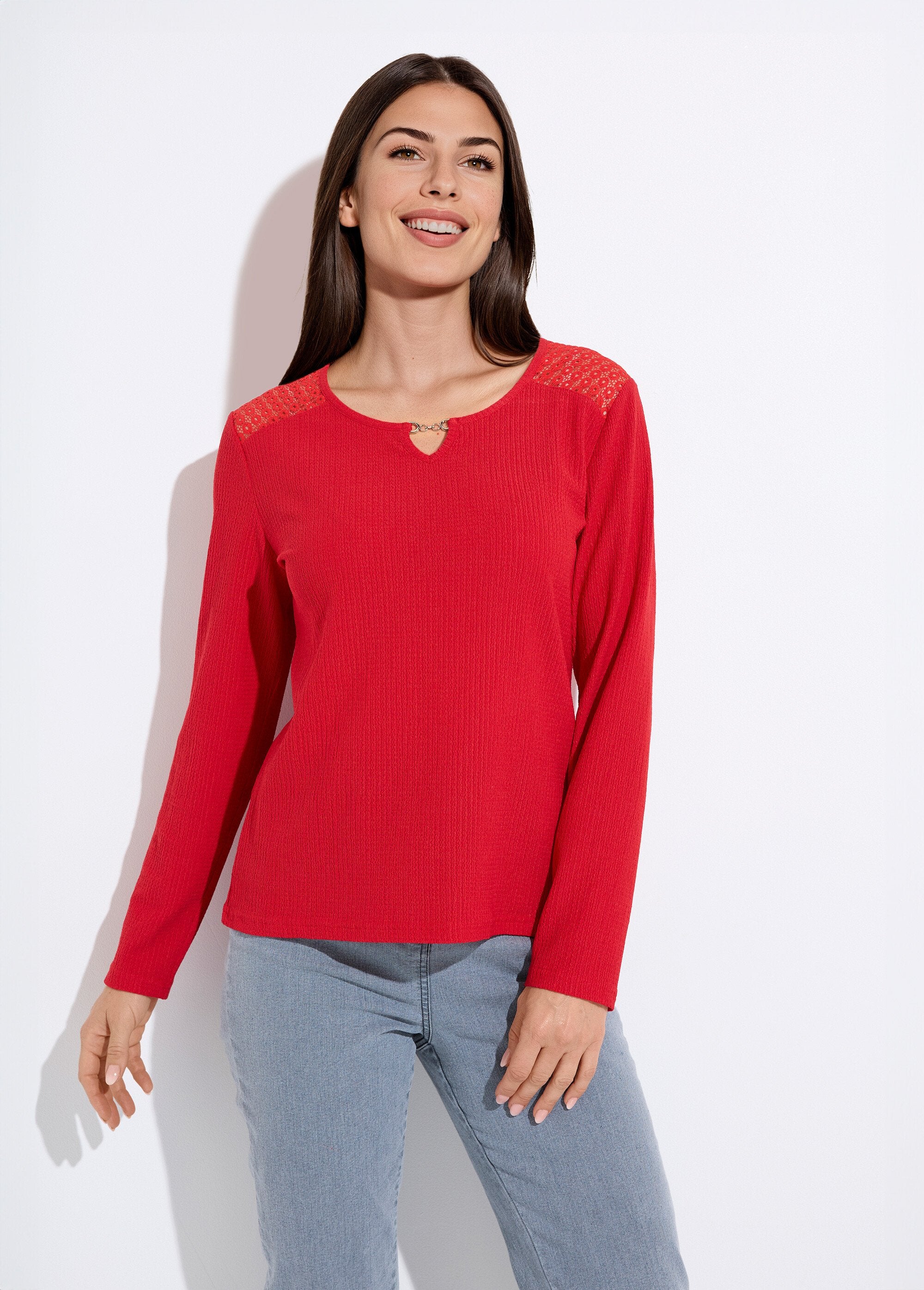 Waffle_knit_T-shirt_with_lace_and_jeweled_neckline_Red_FA1_slim