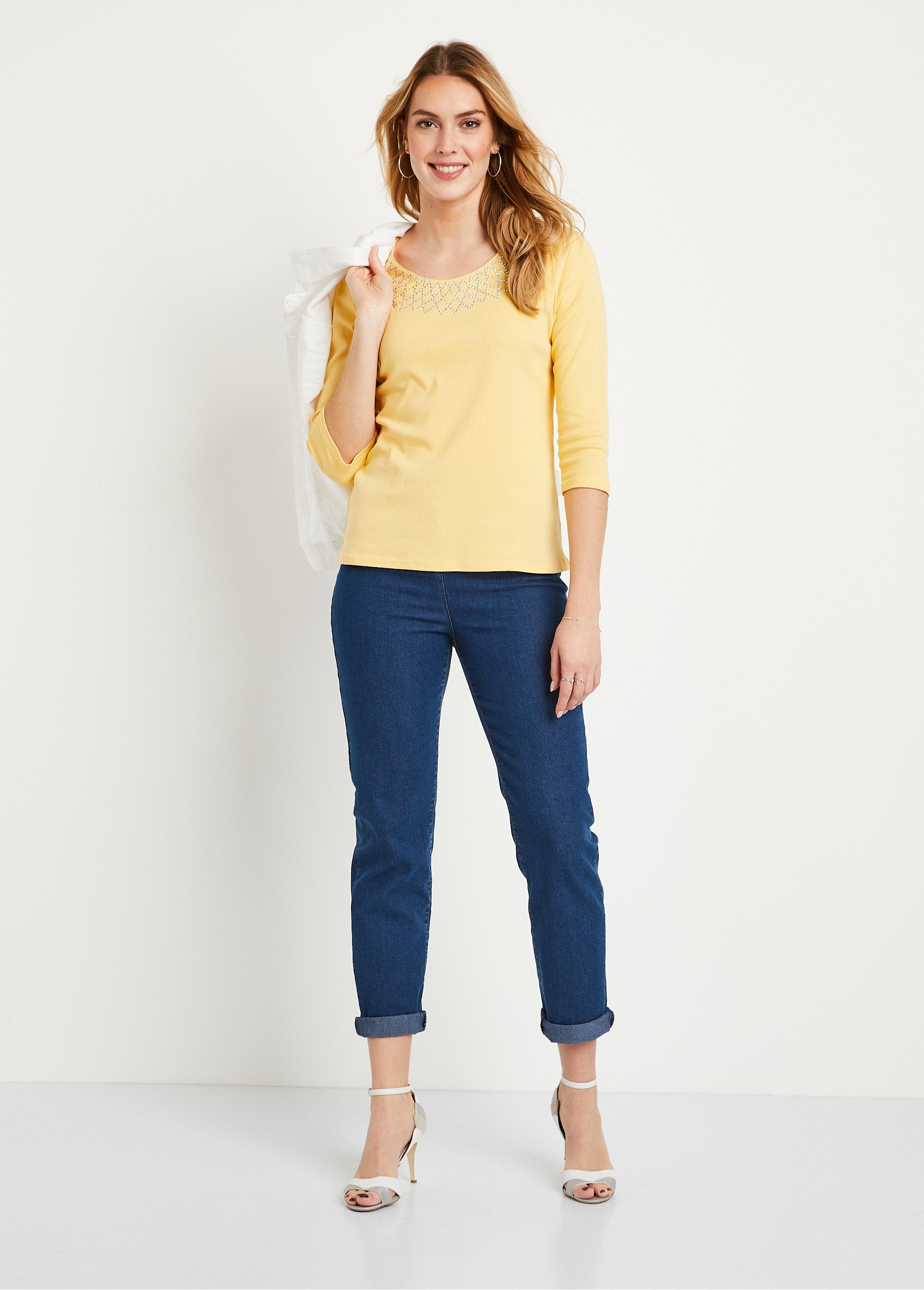 Fancy_studded_3/4_sleeve_t-shirt_YELLOW_SF1_slim