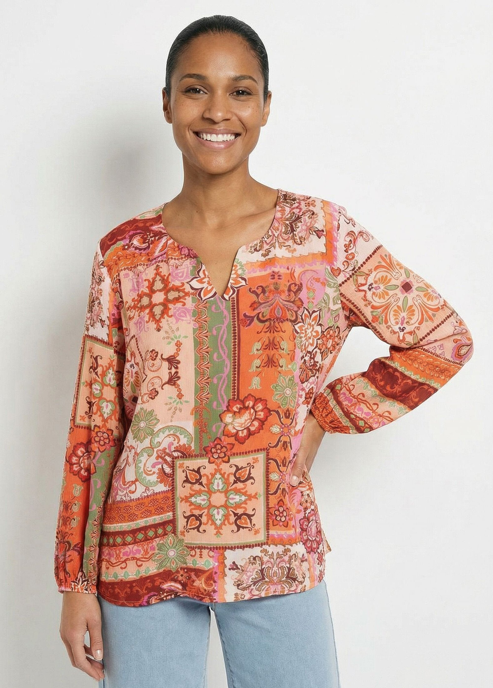 Long_tunic_with_V-neck_and_patchwork_print_voile_Orange_and_ecru_FA1_slim