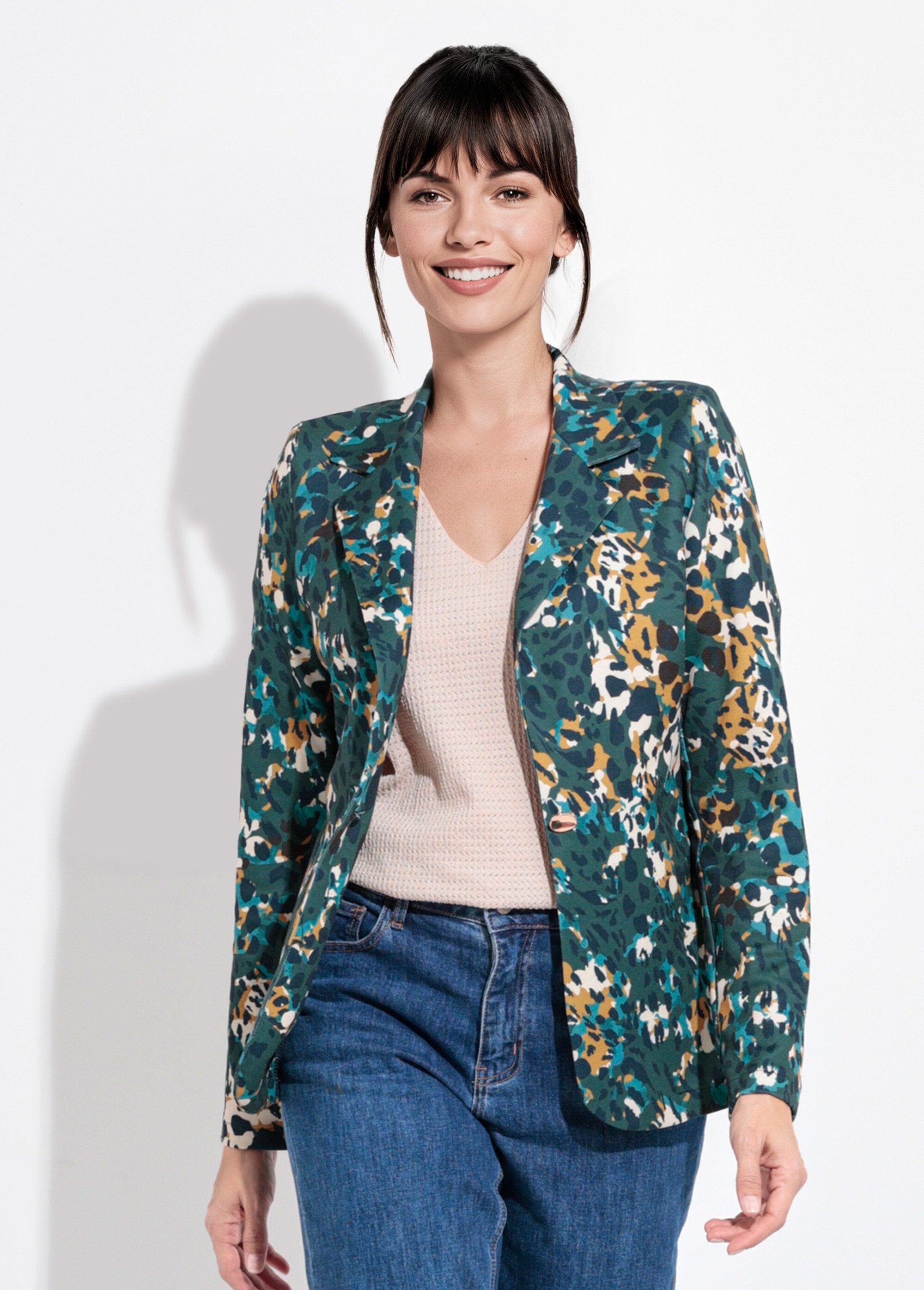 Veste_motif_arty_avec_bouton_bijou_métal_Canard_et_jaune_FA1_slim