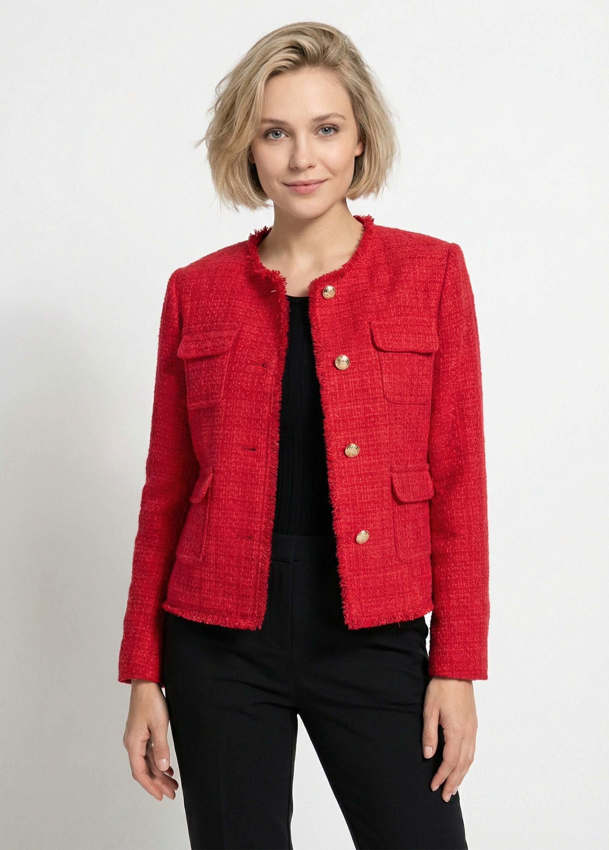 Fringed_button-down_collarless_tweed_jacket_Red_FA1_slim